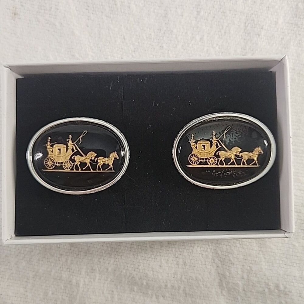 Cufflinks Silver Celluloid And Gold Colored Raised Metal Stagecoach Shields VNTG